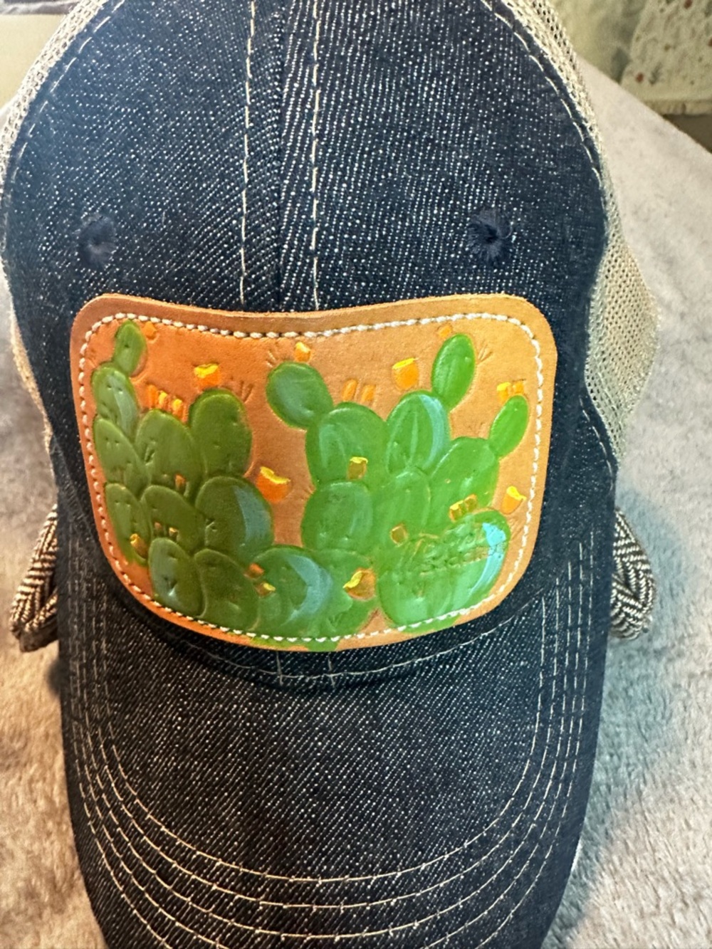 McIntyre Saddlery Denim Trucker Hat with Handpainted Cactus Patch